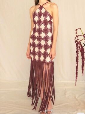NWT - SAYLOR Burgundy and Cream Cotton Crochet Boho Halter Fringe Dress